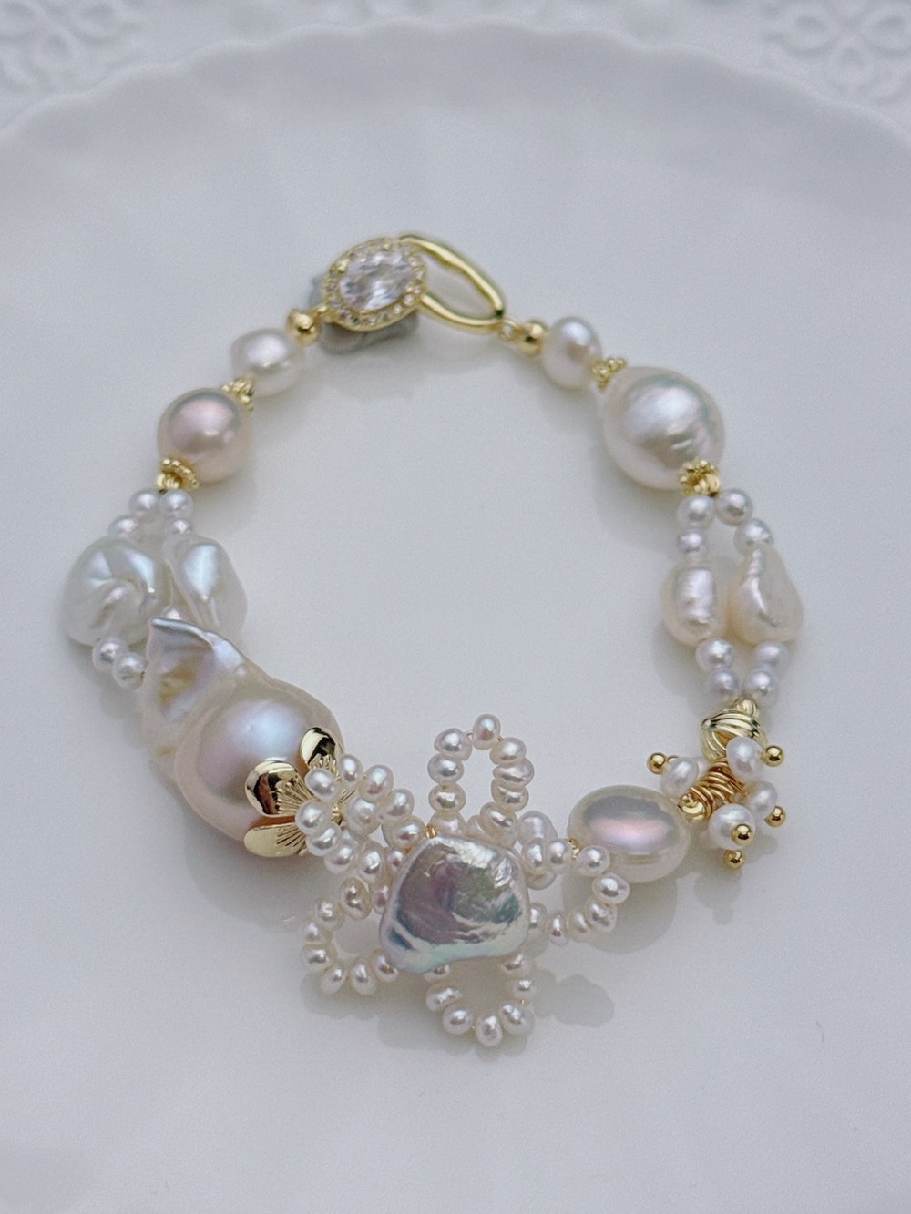 26B557 Handmade Freshwater Baroque Pearl Bracelet 7” Gold plated Necklace 2in1